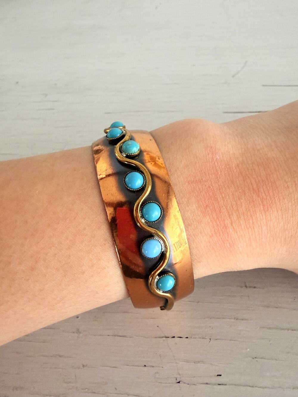 Vintage Copper Faux Turquoise Cuff Bangle Bracelet